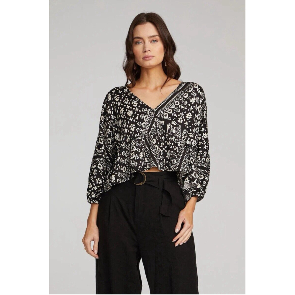 NWT Saltwater Luxe Top Madaris Ruffle Printed Black White Oversized Sz. S